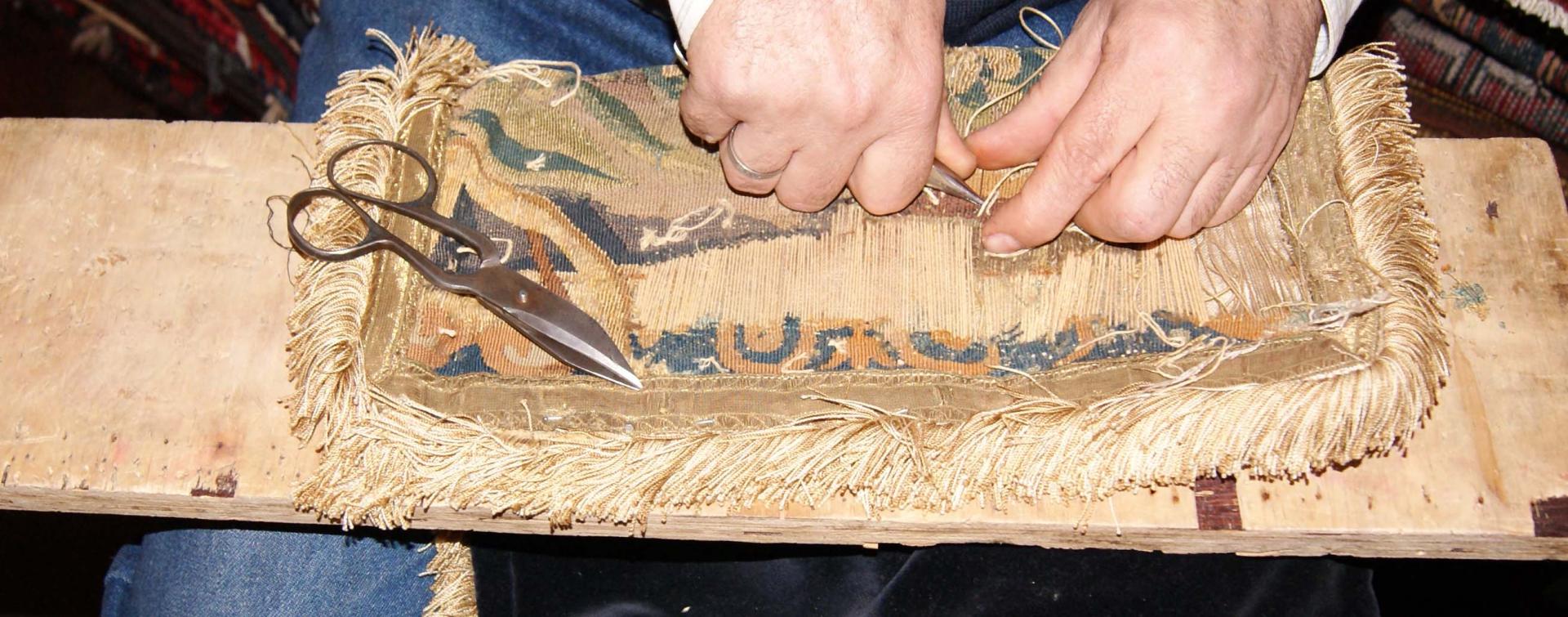 17th century French Aubusson tapestry Pillow repair French Aubusson tapestry Pillow restoration