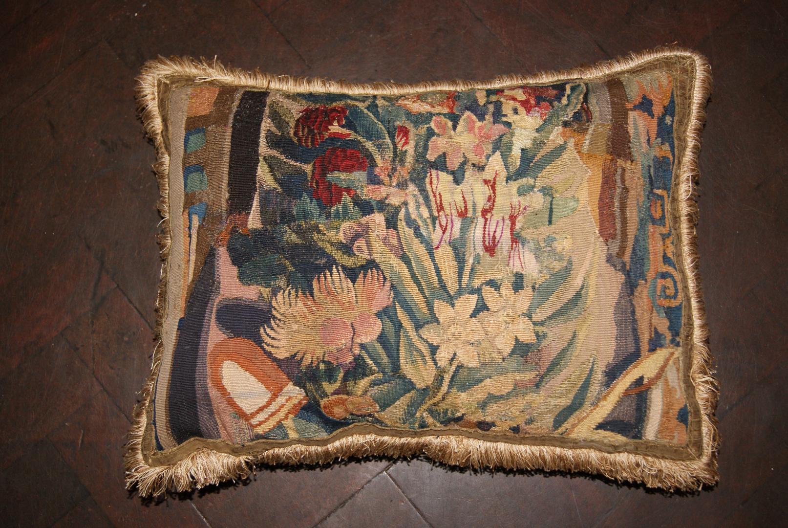 17th century French Aubusson tapestry Pillow repaired French Aubusson tapestry Pillow restoration