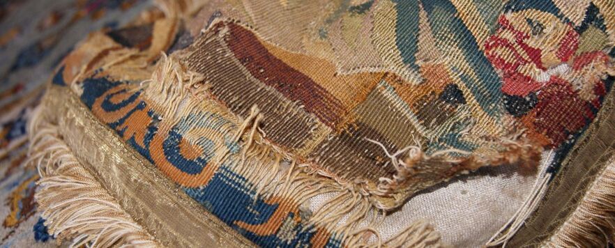 Before French Aubusson tapestry Pillow restoration before