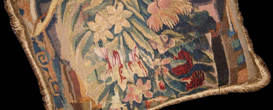 After French Aubusson tapestry Pillow restoration before